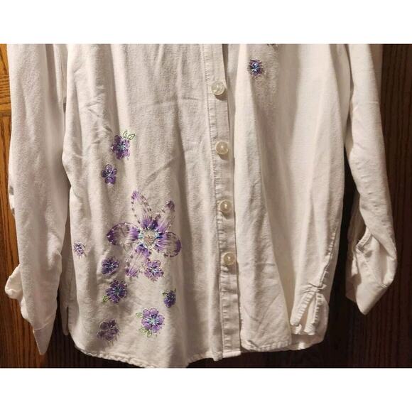 Women's Drapers & Damons White Embroidered/Beaded Button Long Sleeve Shirt Sz L - Picture 4 of 5